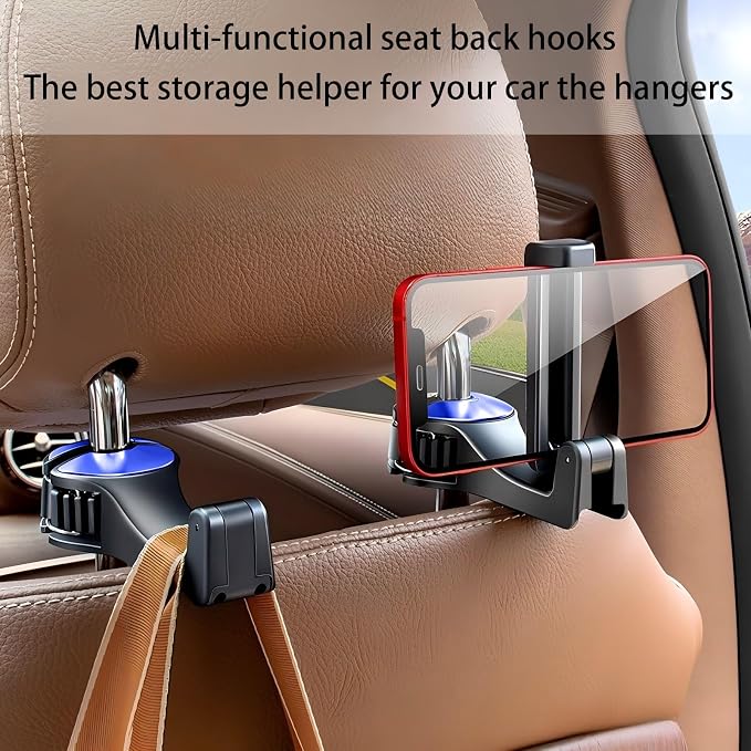 Upgraded 2 Pack Car Headrest Hidden Hook 2 in 1 Car Seat Hooks with Phone Holder for Purses and Bags, Universal 360° Rotation Headrest Hooks Purse Holder for Car, Car Purse Hook Holder (Blue)