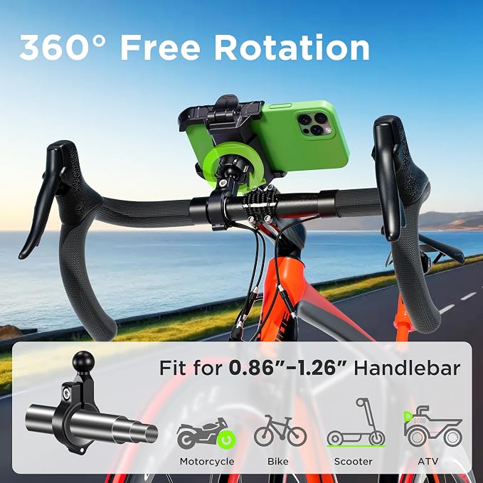 Bike Phone Mount Holder No Block Camera Motorcycle Cell Phone Holder Quick Lock 360° Rotate for iPhone 16 Pro Max for Samsung S25 Ultra 5.4''-7.2'' Smartphone