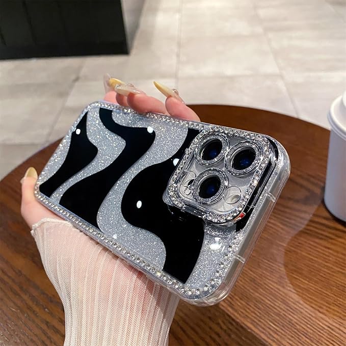 for iPhone 16 pro max Case Glitter Camera Lens Protector Phone Case for Women Girls Aesthetic Design TPU Shockproof Protective Case (Wavy)