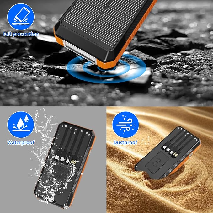 Solar Charger Power Bank 49800mAh, Portable Phone wireless Charging Built-in 4 Cables 22.5W Fast Charging,Type-C input/Output Port Solar Panel Charger with Flashlights&Compass for Camping（Orange)