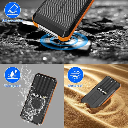 Solar Charger Power Bank 49800mAh, Portable Phone wireless Charging Built-in 4 Cables 22.5W Fast Charging,Type-C input/Output Port Solar Panel Charger with Flashlights&Compass for Camping（Orange)