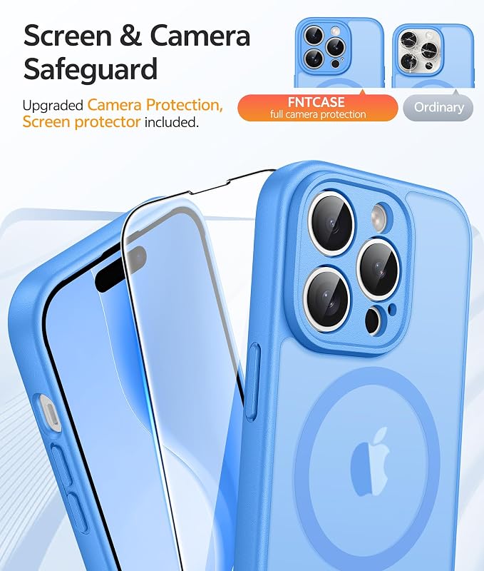 FNTCASE for iPhone 14 Pro Max Case, Fit for Magsafe, Glass Screen Protector | Full Camera Protection, Translucent Matte, 14FT Military Grade Drop Proof, Shockproof Protective Phone Cover, Ice Blue