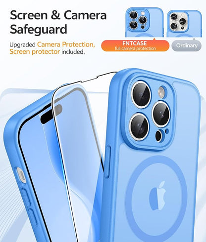 FNTCASE for iPhone 14 Pro Max Case, Fit for Magsafe, Glass Screen Protector | Full Camera Protection, Translucent Matte, 14FT Military Grade Drop Proof, Shockproof Protective Phone Cover, Ice Blue