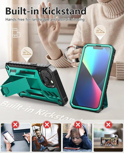 SOiOS for iPhone 13/14/15 Phone Case: for iPhone 16e Protective Cover with Built-in Kickstand | Heavy Duty Military Grade Hard Protection Shock Proof | Durable Dual-Layer Design Green