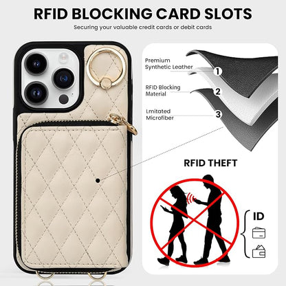 Keallce Case for iPhone 15 Pro Max 6.7'' Wallet Case, Crossbody Zipper Purse Handbag Wristlet for Women, RFID Blocking Card Holders, 360° Ring Kickstand Flip Leather Cover for iPhone 15 Pro Max, Beige
