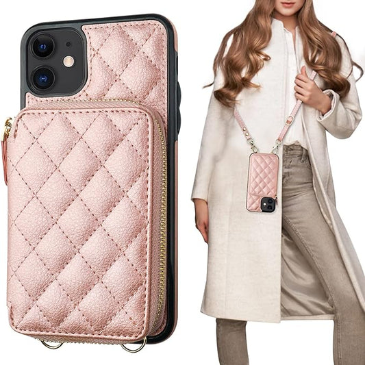 Bocasal Crossbody Wallet Case for iPhone 11, RFID Blocking PU Leather Zipper Handbag Purse Flip Cover, Kickstand Folio Case with Card Slots Holder Wrist Strap Lanyard 6.1 Inch (Rose Gold)