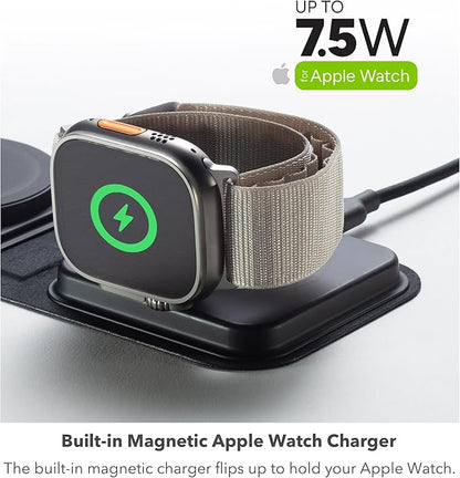 Mophie 3-in-1 Travel Charger v2 with MagSafe - Portable Wireless Charging Hub, Compatible with Apple Devices, iPhone 17/16/15/14/13/12, Apple Watch Series 11 to 1 & Ultra, AirPods Pro/3rd Gen, Black