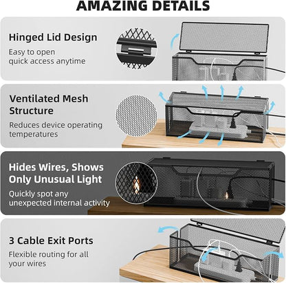Marbrasse 3 Pack Cable Management Box, Metal Mesh Cord Organizer Box for TV Wires, Electrical Hiding, Power Strip – Under Desk Cable Storage Box with Cable Clips&Reusable Cable Ties for Home/Office