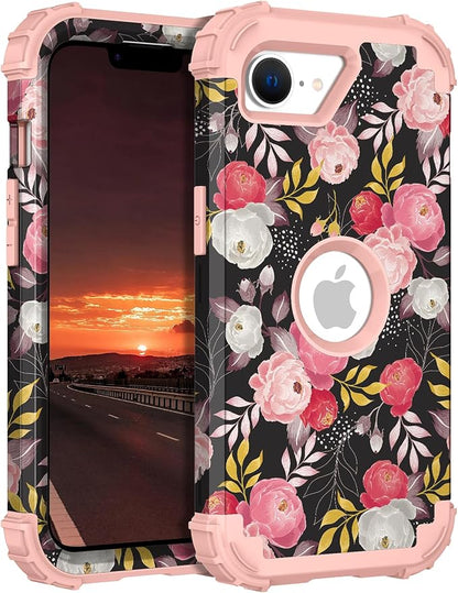 Hocase for iPhone 17e/iPhone 16e Case, Heavy Duty Shockproof Protection Hard Plastic+Silicone Rubber Hybrid Protective Phone Case for iPhone 17e/16e 6.1" - Rose Blossom