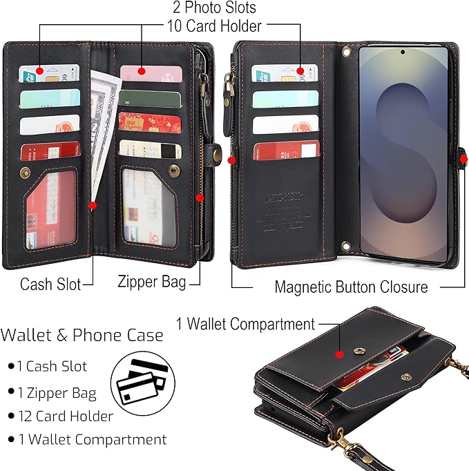 for Samsung Galaxy S25 Ultra Wallet Case for Women Men, Wireless Charging with RFID Blocking Card Holder, PU Leather Crossbody Strap Detachable Magnetic Phone Shell Purse, Black