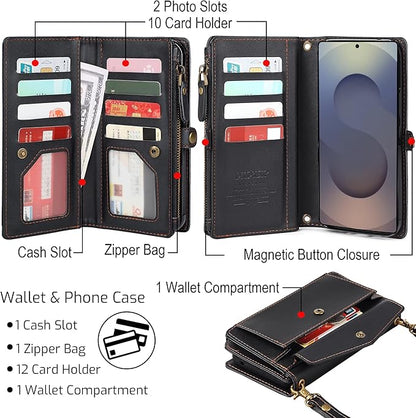 for Samsung Galaxy S25 Ultra Wallet Case for Women Men, Wireless Charging with RFID Blocking Card Holder, PU Leather Crossbody Strap Detachable Magnetic Phone Shell Purse, Black