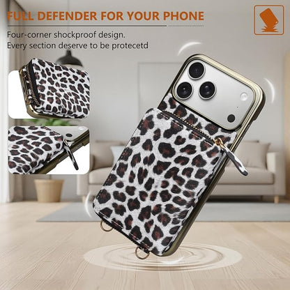 Keallce Wallet Case for iPhone 17 Pro Max 6.9", Crossbody Zipper Purse with Wristlet Strap, 4 Card Slots with RFID Blocking and Kickstand, Electroplated Leather Case for Women (White Leopard Print)