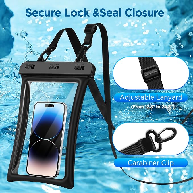 CACOE [Floatable Floating Universal IPX8 Waterproof Phone case 2 Pack-Up to 10.0",Adjustable Lanyard Phone Pouch,Cellphone Dry Bags for Vacation Beach Pool Kayak Cruise Travel Essentials（Black+Pink）