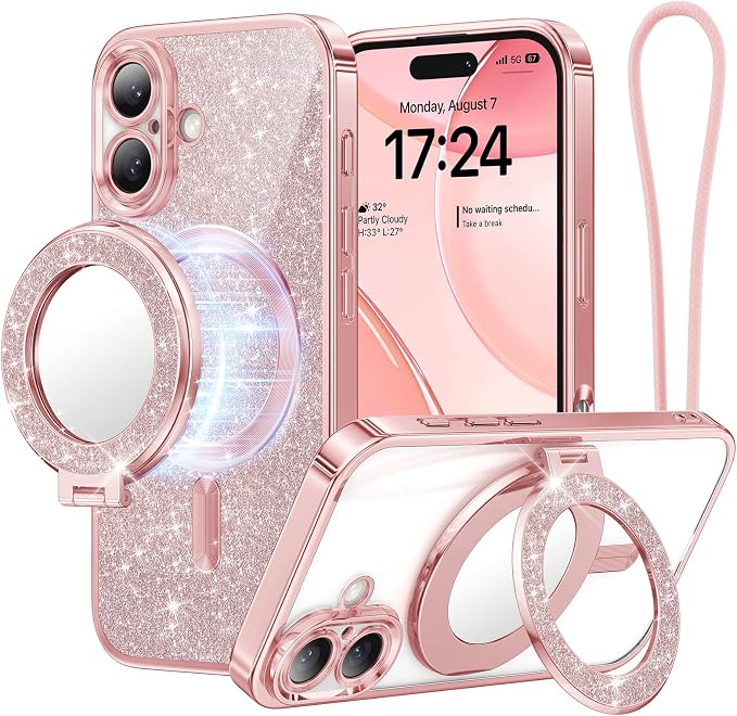 Meifigno Magnetic Case with Removable Phone Ring Stand for iPhone 16 Plus, [Glitter Card & Wrist Strap] [MagSafe Compatible] [Built in Mirror] Magnetic Phone Ring Holder + 16 Plus Case Kit, Rose Gold