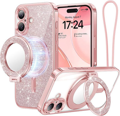 Meifigno Magnetic Case with Removable Phone Ring Stand for iPhone 16 Plus, [Glitter Card & Wrist Strap] [MagSafe Compatible] [Built in Mirror] Magnetic Phone Ring Holder + 16 Plus Case Kit, Rose Gold