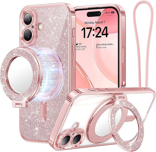 Meifigno Magnetic Case with Removable Phone Ring Stand for iPhone 16 Plus, [Glitter Card & Wrist Strap] [MagSafe Compatible] [Built in Mirror] Magnetic Phone Ring Holder + 16 Plus Case Kit, Rose Gold