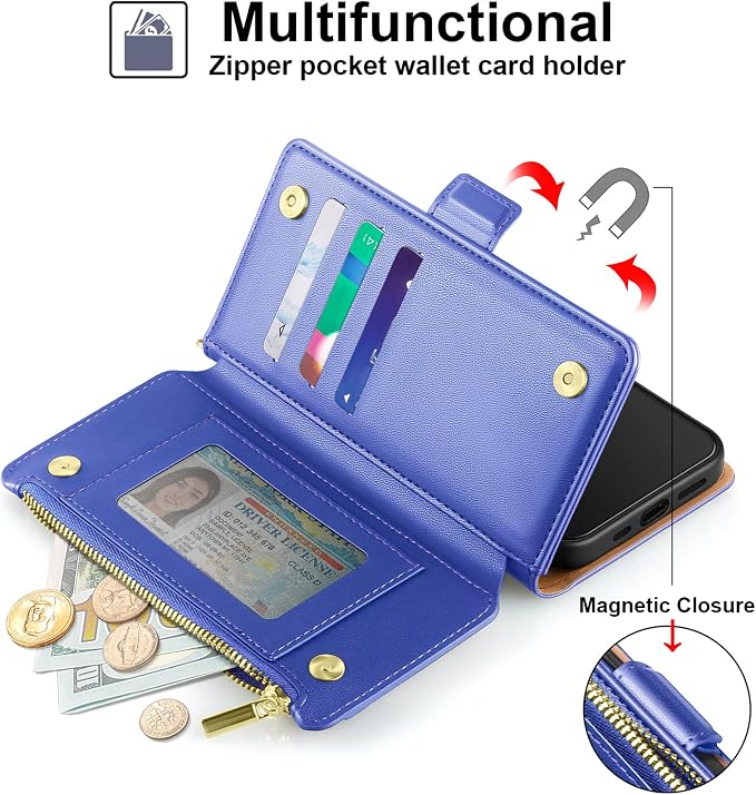 Antsturdy Compatible with iPhone 15 Wallet Case Card Holder【RFID Blocking】 PU Leather Phone Case Women Men flip Protective Cover Wrist Strap Zipper Credit Card Slots,for Apple 15 6.1",Purple Blue