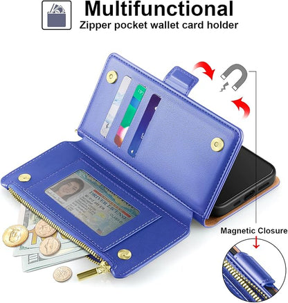 Antsturdy Compatible with iPhone 12 mini Wallet Case,RFID Blocking PU Leather Phone Case Women Men Kickstand Flip Cover Wrist Strap Zipper Credit Card Holder Slots,for Apple 12 mini,Purple Blue