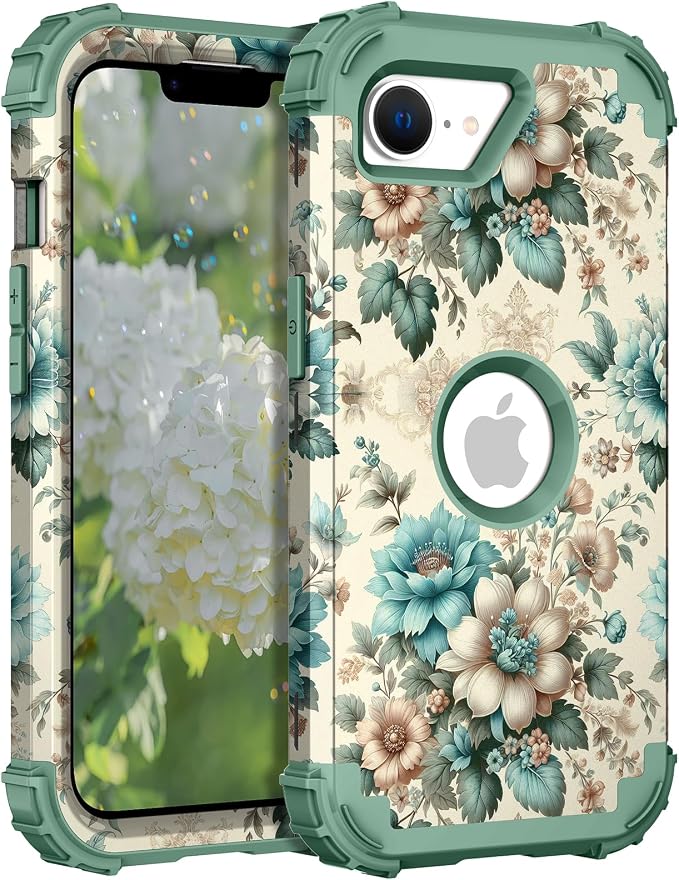 Hocase for iPhone 17e/iPhone 16e Case, Heavy Duty Shockproof Protection Hard Plastic+Silicone Rubber Hybrid Protective Phone Case for iPhone 17e/16e 6.1" - Teal Blue Flowers