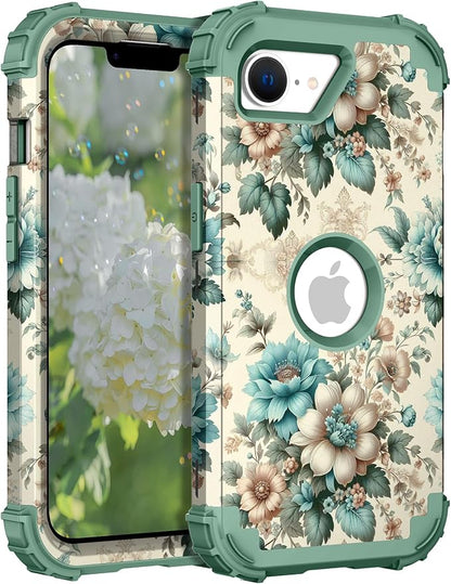 Hocase for iPhone 17e/iPhone 16e Case, Heavy Duty Shockproof Protection Hard Plastic+Silicone Rubber Hybrid Protective Phone Case for iPhone 17e/16e 6.1" - Teal Blue Flowers