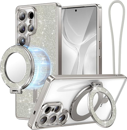 Meifigno Magnetic Case with Removable Phone Ring Stand for Samsung Galaxy S25 Ultra, [Glitter Card & Wrist Strap] [MagSafe Compatible] [Built in Mirror] Phone Ring Stand + Phone Case Kit, Silver