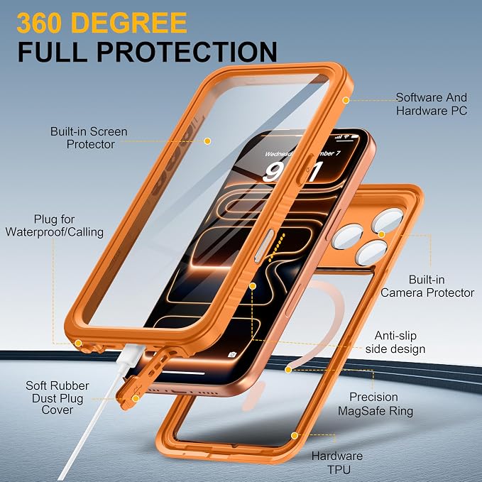 ANTSHARE for iPhone 17 Pro Case, Compatible with Magsafe, IP68 Waterproof Case, [Built-in Screen Protector] - 12 FT Military Dropproof - Full Body Heavy Duty Rugged Phone Cover - Orange/Clear