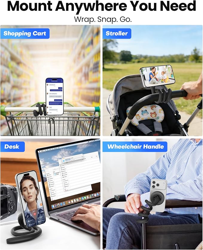 Flexible Phone Holder for Treadmill, Magnetic Gooseneck Cell Phone Mount Compatible w/ MagSafe, iPhone 17-12 & Android, Silicone Stand for Spin Bike Stroller Wheelchair Shopping Cart - Gym Accessories