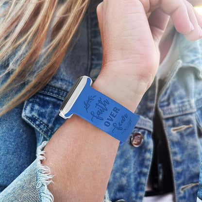 Faith Over Fear Watch Band compatible with Apple Watch Laser Engraved iWatch Band Silicone 38mm 40mm 41mm 42mm 44mm 45mm 49mm Strap Jesus Psalm Christian God (38/40/41/42mm S/M, Sapphire Blue)