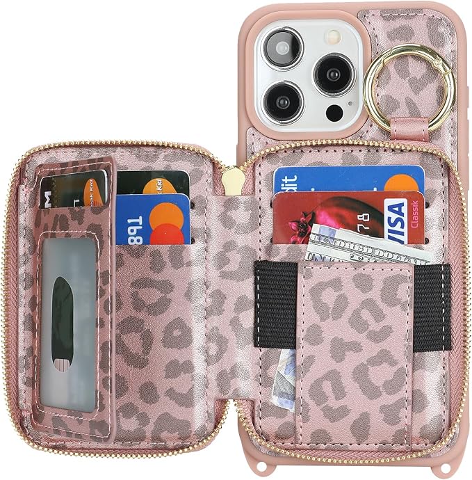 Crossbody Wallet Case for iPhone 14 Pro Max, PU Leather Zipper Handbag Purse Flip Cover, Kickstand Folio Case with Card Slots Holder Wrist Strap Lanyard 5G 6.7 Inch-Pink Leopard