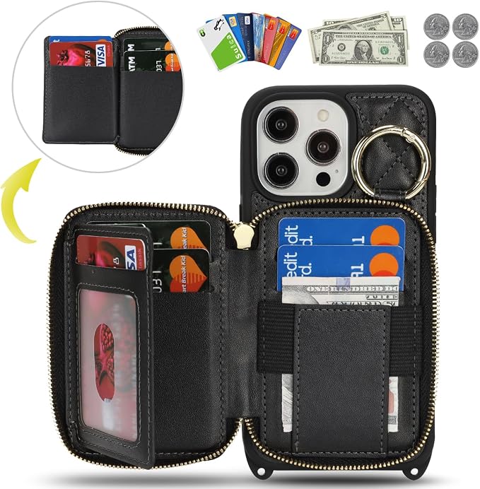 Crossbody Wallet Case for iPhone 14 Pro Max, PU Leather Zipper Handbag Purse Flip Cover, Kickstand Folio Case with Card Slots Holder Wrist Strap Lanyard 5G 6.7 Inch-Black