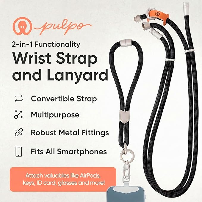 Pulpo 2 in 1 Anti Theft Phone Lanyard and Wrist Strap for iPhone and Android, Adjustable Cell Phone Leash and Universal Tether, Hands Free Strap for Travel Running and Everyday Use, Black