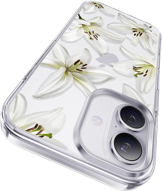 CASEKOO White Water Lily for iPhone 16 Case, [Never Yellow Technology] [12FT Military-Grade Protection] Transparent Slim Floral Cover Gril Women 16 Phone Case 6.1 inch, White Water Lily