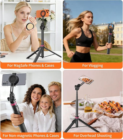 69" Magnetic Phone Tripod with Phone Clamp,Selfie Stick Monopod for Magsafe with Remote & Phone Mount Adapter,Portable Tripod for iPhone/Android,Portable Camera,Photo,Vlogging,Live Streaming,Travel