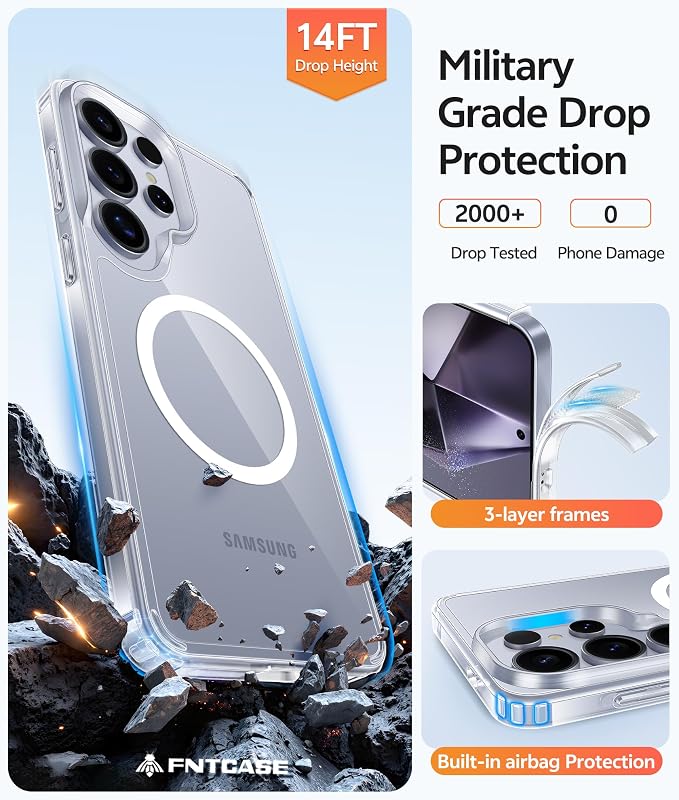 FNTCASE for Samsung Galaxy S24 Ultra Case Clear, Fit for Magsafe, | Screen Protector, Anti Yellowing Magnetic Back, 14FT Military Grade Drop Protection, Shockproof Protective Phone Cover