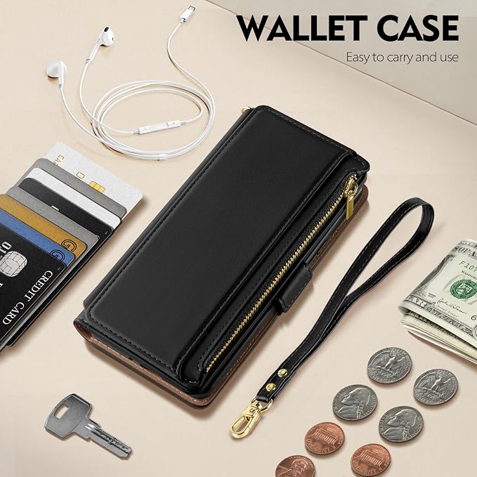 Antsturdy Compatible with iPhone 12 Wallet Case,RFID Blocking PU Leather Phone Case Women Men Kickstand Flip Cover Wrist Strap Zipper Credit Card Holder Slots,for Apple 12 Pro 6.1",Black