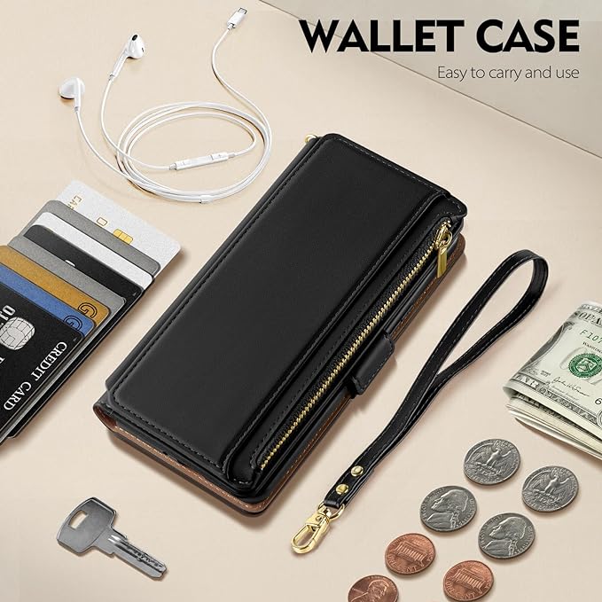 Antsturdy Compatible with iPhone 16 Plus Wallet Case,RFID Blocking PU Leather Phone Case Women Men Kickstand flip Cover Wrist Strap Zipper Credit Card Holder Slots for Apple 16 Plus 6.7",Black