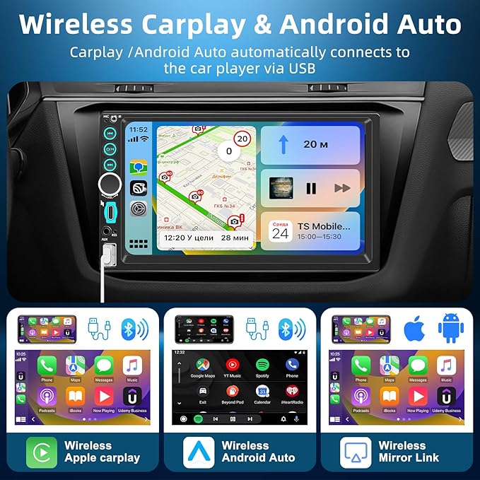 7'' Wireless Double Din Car Stereo Carplay Radio Screen for Car Audio Receivers, Bluetooth Car Play Android Auto Touchscreen, Mirror Link, FM/AM, Backup Camera, Type-C