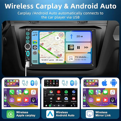 7'' Wireless Double Din Car Stereo Carplay Radio Screen for Car Audio Receivers, Bluetooth Car Play Android Auto Touchscreen, Mirror Link, FM/AM, Backup Camera, Type-C
