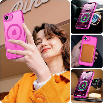 MOCCA Strong Magnetic for iPhone 17e Case/iPhone 16e Case [Compatible with Magsafe] [Full Camera Protection] Slim Translucent Matte Shockproof Phone Case for iPhone 17e / 16e 6.1", Hot Pink