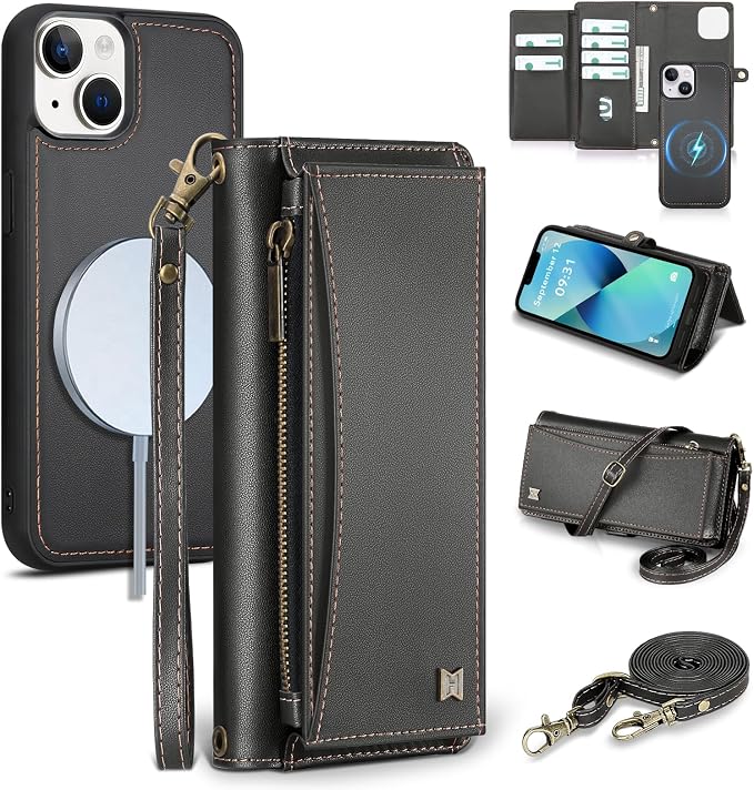 Wallet Case for iPhone 13 with Card Holder/Crossbody Wallet/Strap| RFID Blocking | Magnetic | Kickstand | Detachable | PU Leather Phone Case for iPhone 13,6.1 in,Black