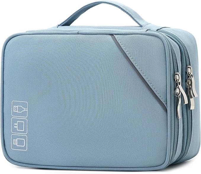 Lanola Custom Personalized Travel Cable Organizer Bag, Electronic Accessories Case Portable Double Layer Cable Storage Bag with DIY Dividers & Custom Photo Text - Light blue