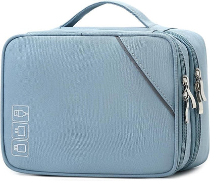 Lanola Custom Personalized Travel Cable Organizer Bag, Electronic Accessories Case Portable Double Layer Cable Storage Bag with DIY Dividers & Custom Photo Text - Light blue