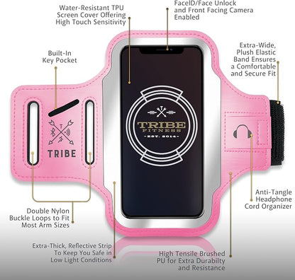 TRIBE Running Phone Holder Armband. iPhone & Galaxy Cell Phone Sports Arm Bands for Women, Men, Runners, Jogging, Walking, Exercise & Gym Workout. Fits All Smartphones. Adjustable Strap, CC/Key Pocket