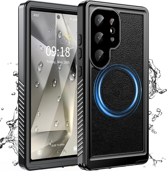 GOLDJU 2025 New Designed for S24 Ultra Leather Case Waterproof, [Built-in Screen Protector, ][Compatible with MagSafe] Full Body Shockproof Protective Cover for Samsung Galaxy S24 Ultra 6.8'' - Black