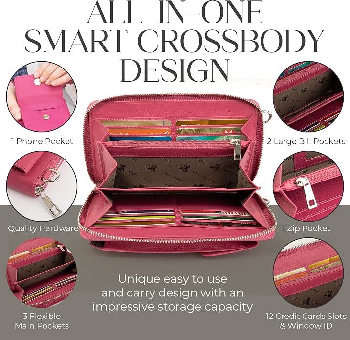 BULL GUARD Crossbody Leather Wallet Phone Purse, Anti Theft and RFID Blocking, Elegant Design for Travel