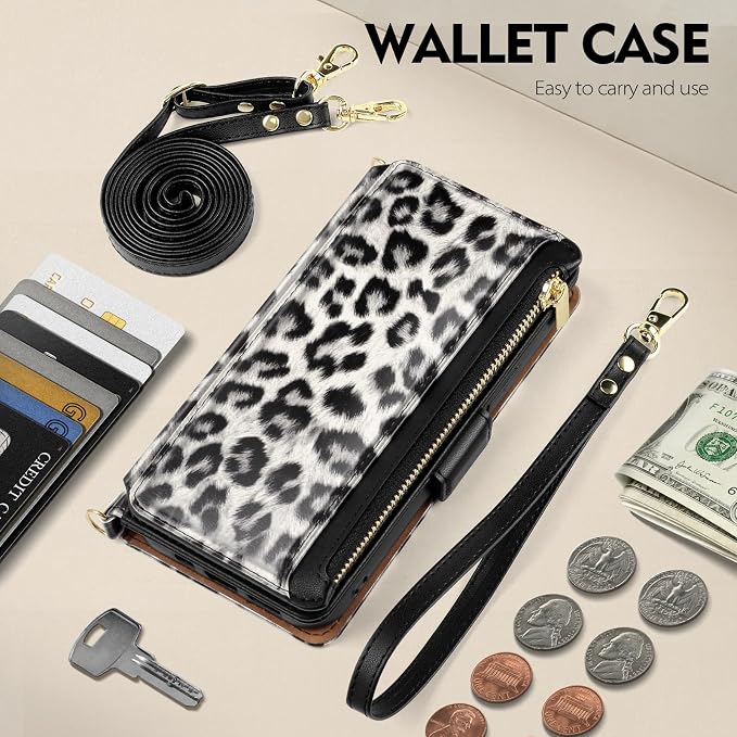 Antsturdy Compatible with iPhone 15 Wallet Case for Women【RFID Blocking】 Crossbody Phone Case PU Leather Zipper Wrist Strap Flip Cover Credit Card Holder Slots,for Apple 15 6.1",Leopard-White/Black