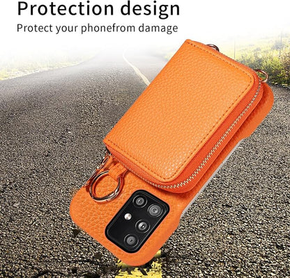 Wallet Case for Samsung Galaxy A51 5G/A 51 5G UW Verizon Shoulder Strap Ring Buckle PU Leather Zipper Flip Organ Purse Credit Card Holder Stand Full Body Cell Phone Cover for 51A G5 S51 Orange