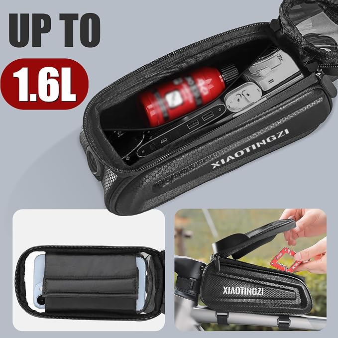 Hard Shell Bike Phone Bag, 1.5L Waterproof Bicycle Front Frame Bag, PU+EVA Material with Zippered Pocket, Universal Adjustable Rack Mount for Cycling
