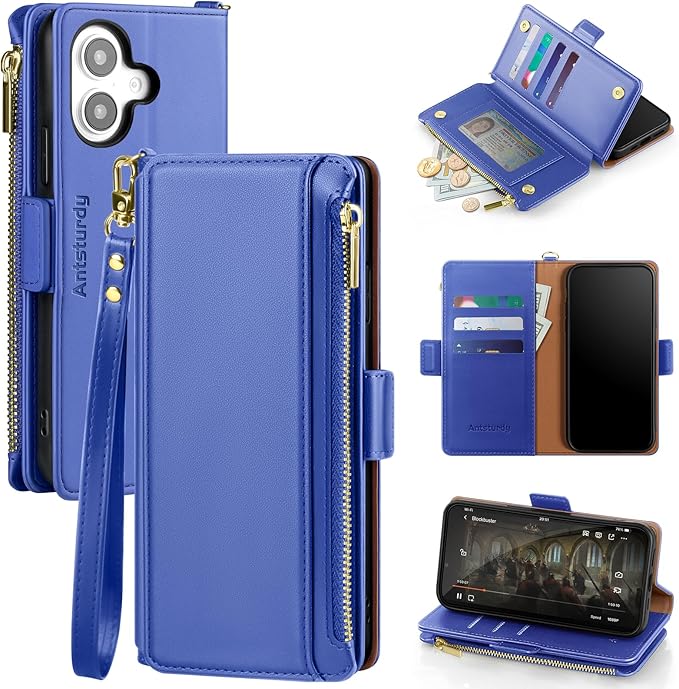 Antsturdy Compatible with iPhone 16 Plus Wallet Case,RFID Blocking PU Leather Phone Case Women Men Kickstand flip Cover Wrist Strap Zipper Credit Card Holder Slots for Apple 16 Plus 6.7",Ultramarine