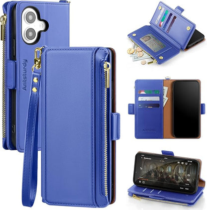 Antsturdy Compatible with iPhone 16 Plus Wallet Case,RFID Blocking PU Leather Phone Case Women Men Kickstand flip Cover Wrist Strap Zipper Credit Card Holder Slots for Apple 16 Plus 6.7",Ultramarine